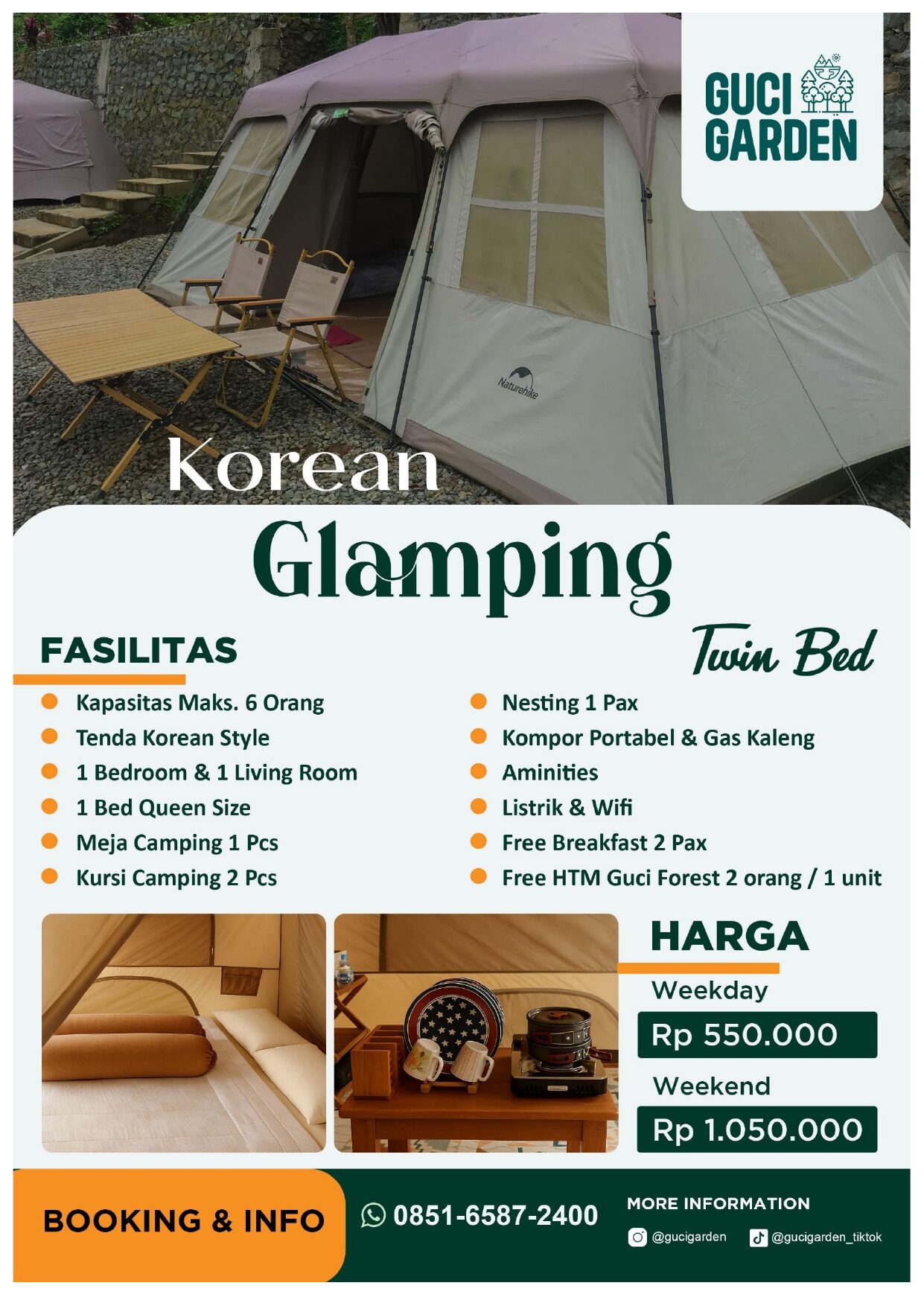 Korean Glamping Twin Bed tenda gaya Korea 6 orang Guci Garden Tegal