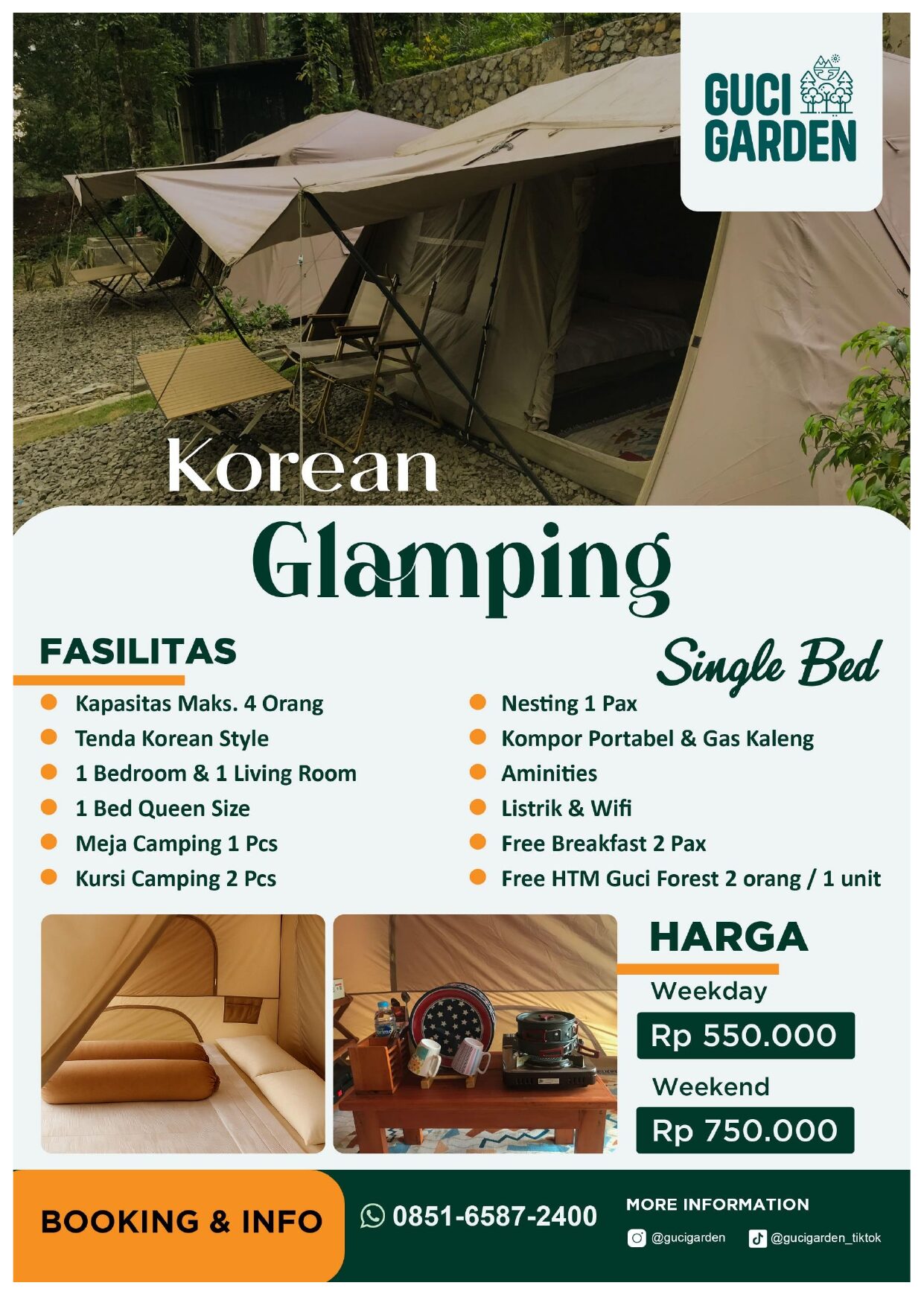 Korean Glamping Single Bed kapasitas 4 orang Guci Garden Tegal