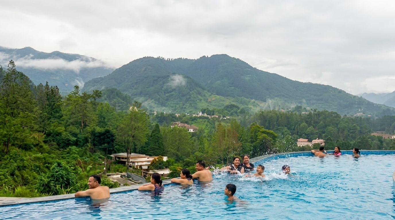 Obyek Wisata Kolam renang Air Panas Guci Garden Tegal, hutan pinus sekitar Guci Tegal