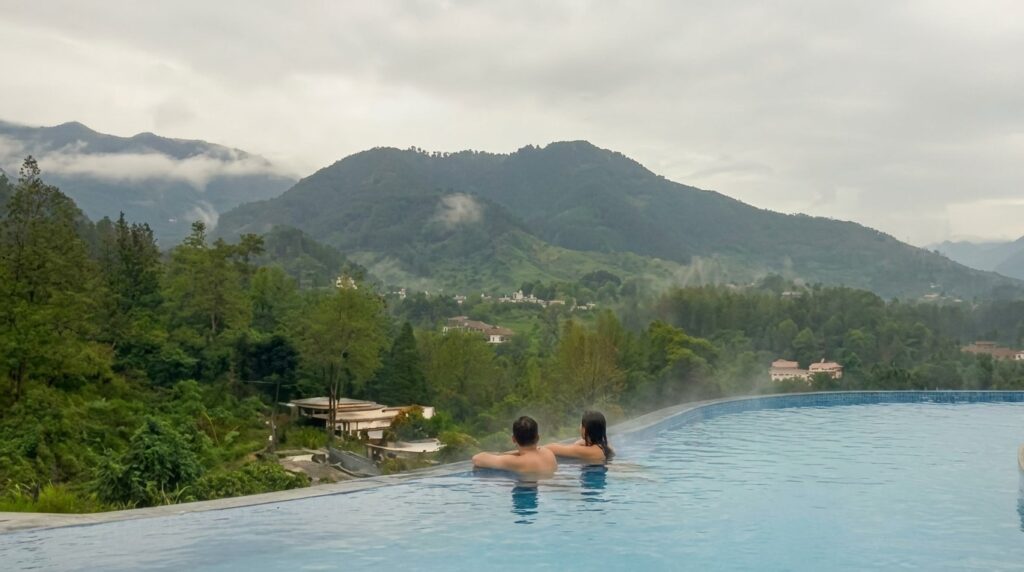 Obyek Wisata Kolam renang Air Panas Guci Garden Tegal, hutan pinus sekitar Guci Tegal